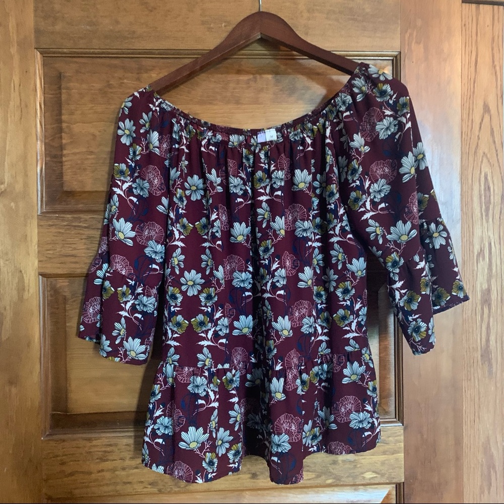 Alya Maroon Flowy Bell Sleeve Blouse Top Floral